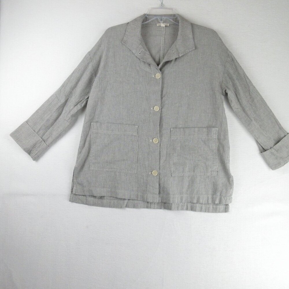 SET Eileen Fisher Organic Linen Size XXS Shirt Pants Size M Gray Stripe NDI